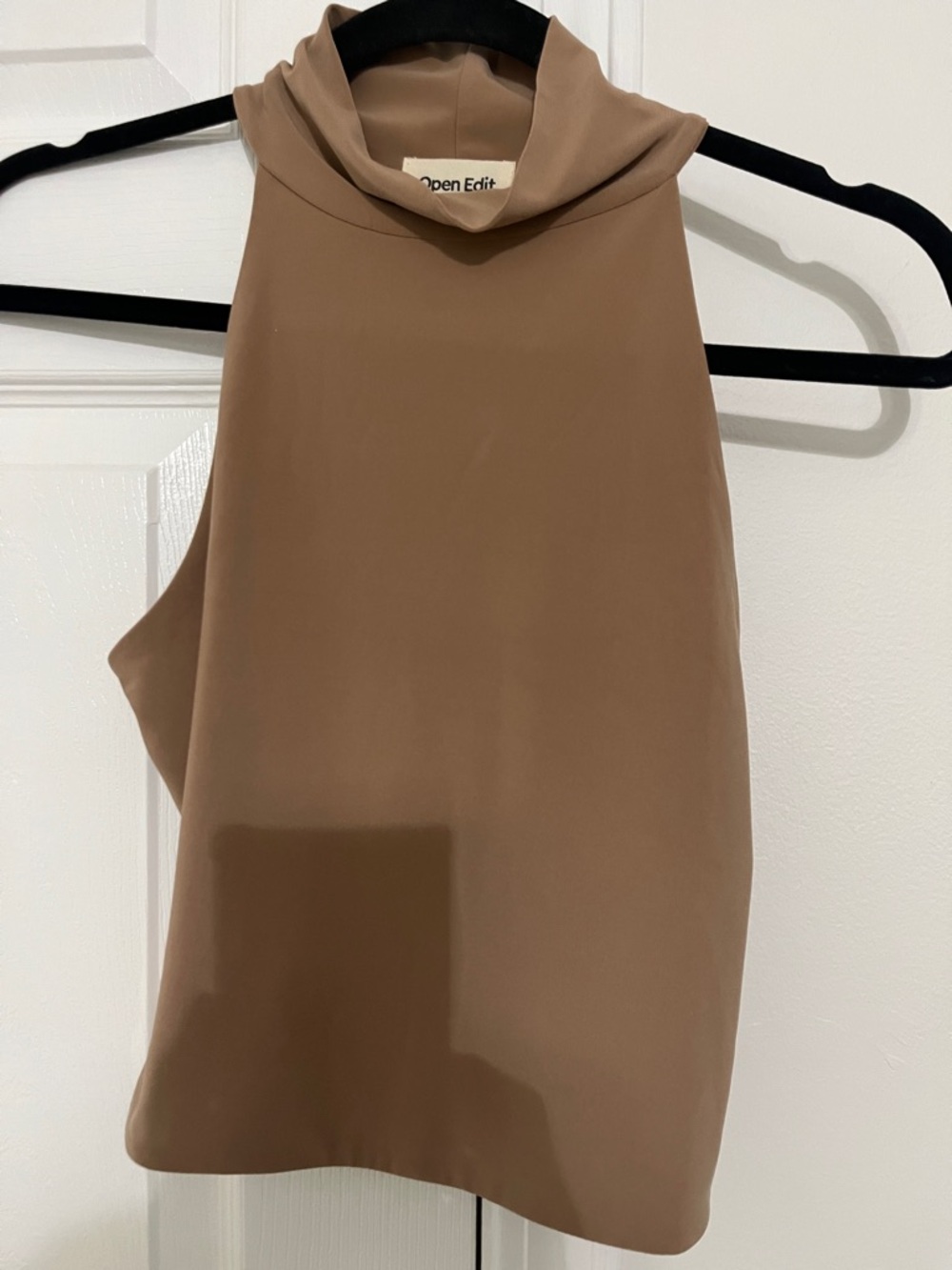 Open Edit Women's Sleeveless Mock Neck Top in Taupe:  says M but fits S